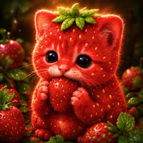 Fruit Cat as a strawberry, holding a strawberry